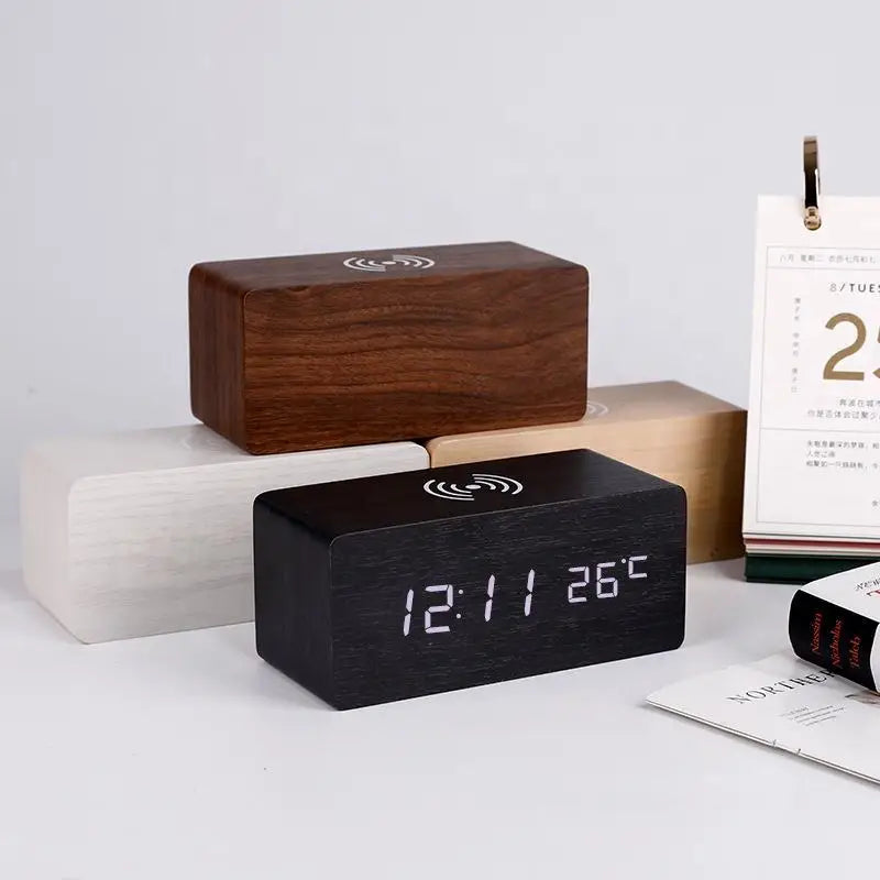 Wooden Digital Alarm Clock with Wireless Charging, LED Clock with Time, Date,Temperature, Desk Clocks for Office,Bedside Clock