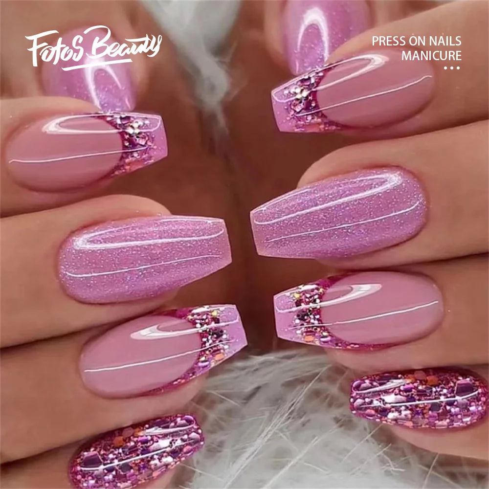 24Pcs Press on False Nails Tips, Coffin Fake Nails, Pink-Purple Glitter Sequins