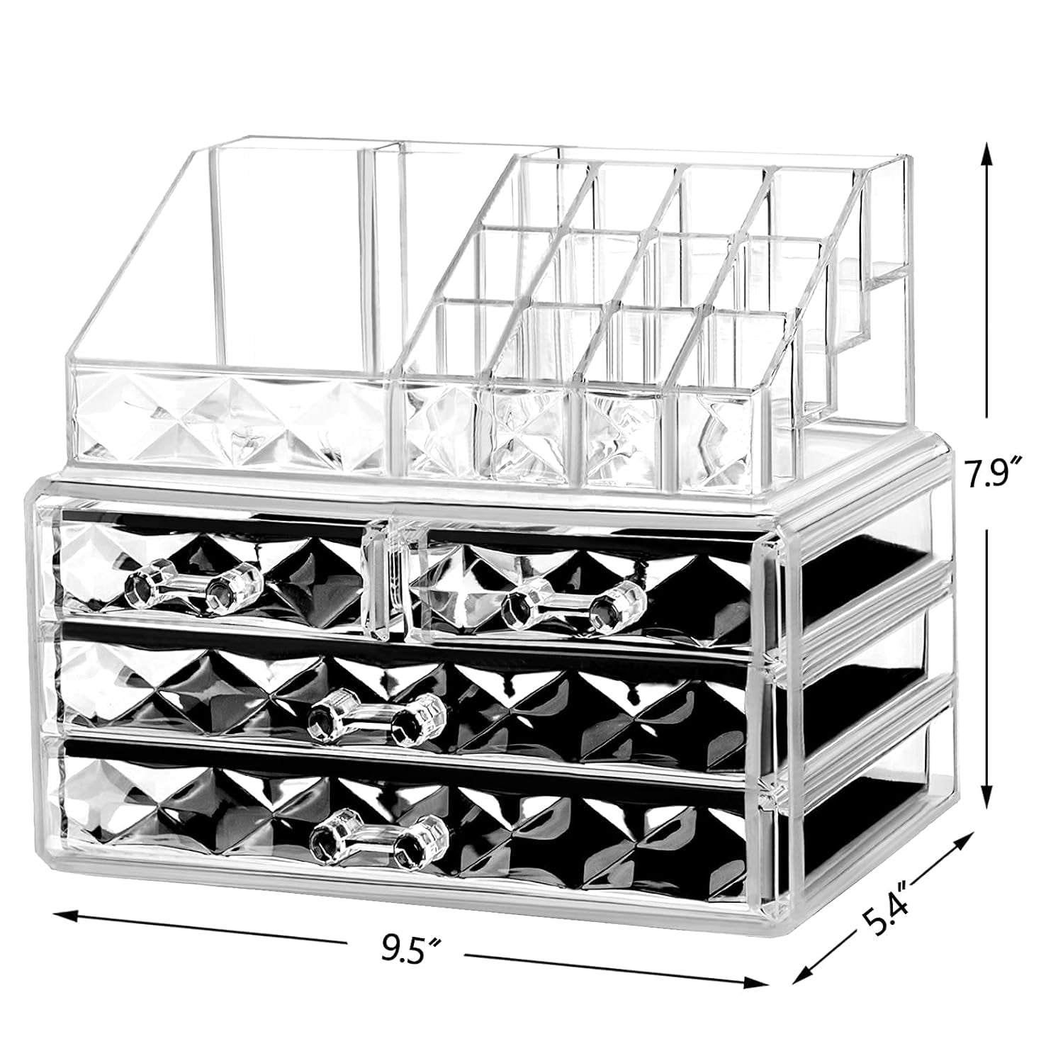 Acrylic Clear Dustproof Makeup Storage Organizer Drawers Large Skin Care Cosmetic Display Cases for Bathroom Stackable Storage Box with 4 Drawers for Vanity (Diamond Pattern Clear)