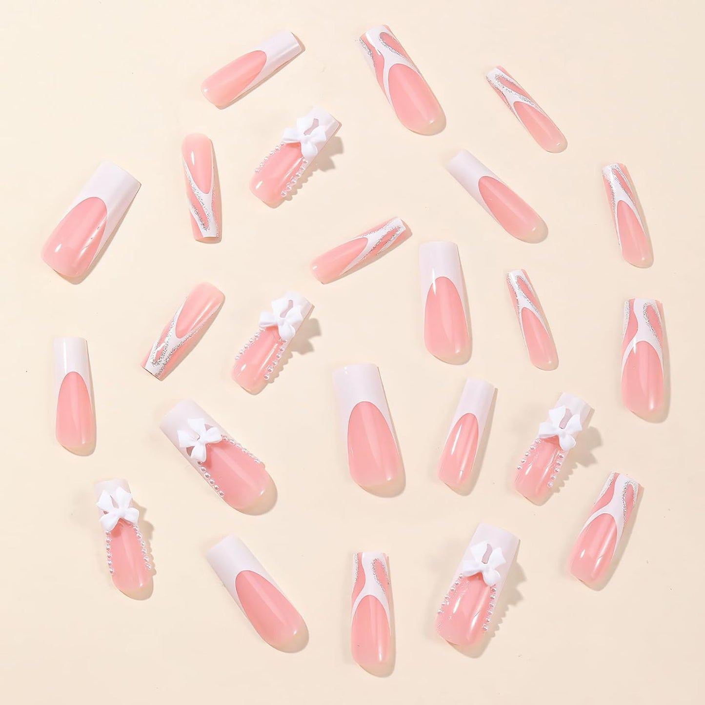 French Tip Press on Nails Long Square Fake Nails Glossy Coffin False Nails With