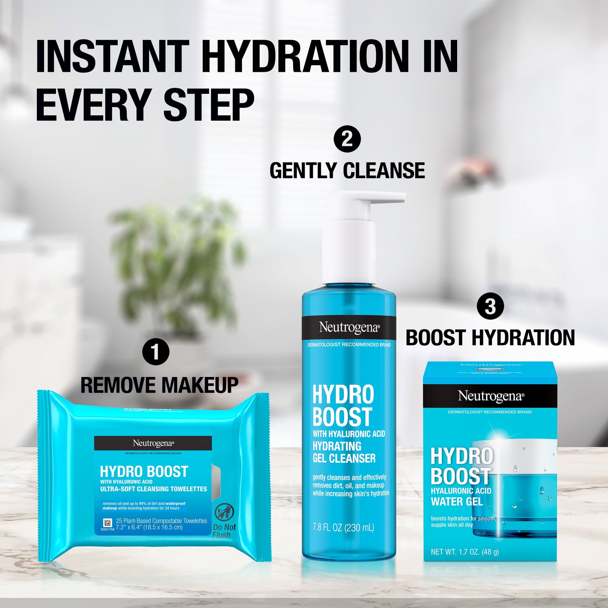 Hydro Boost Trifecta: Water Gel Facial Moisturizer, Gel Cleanser, & Makeup Remover Wipes, Set