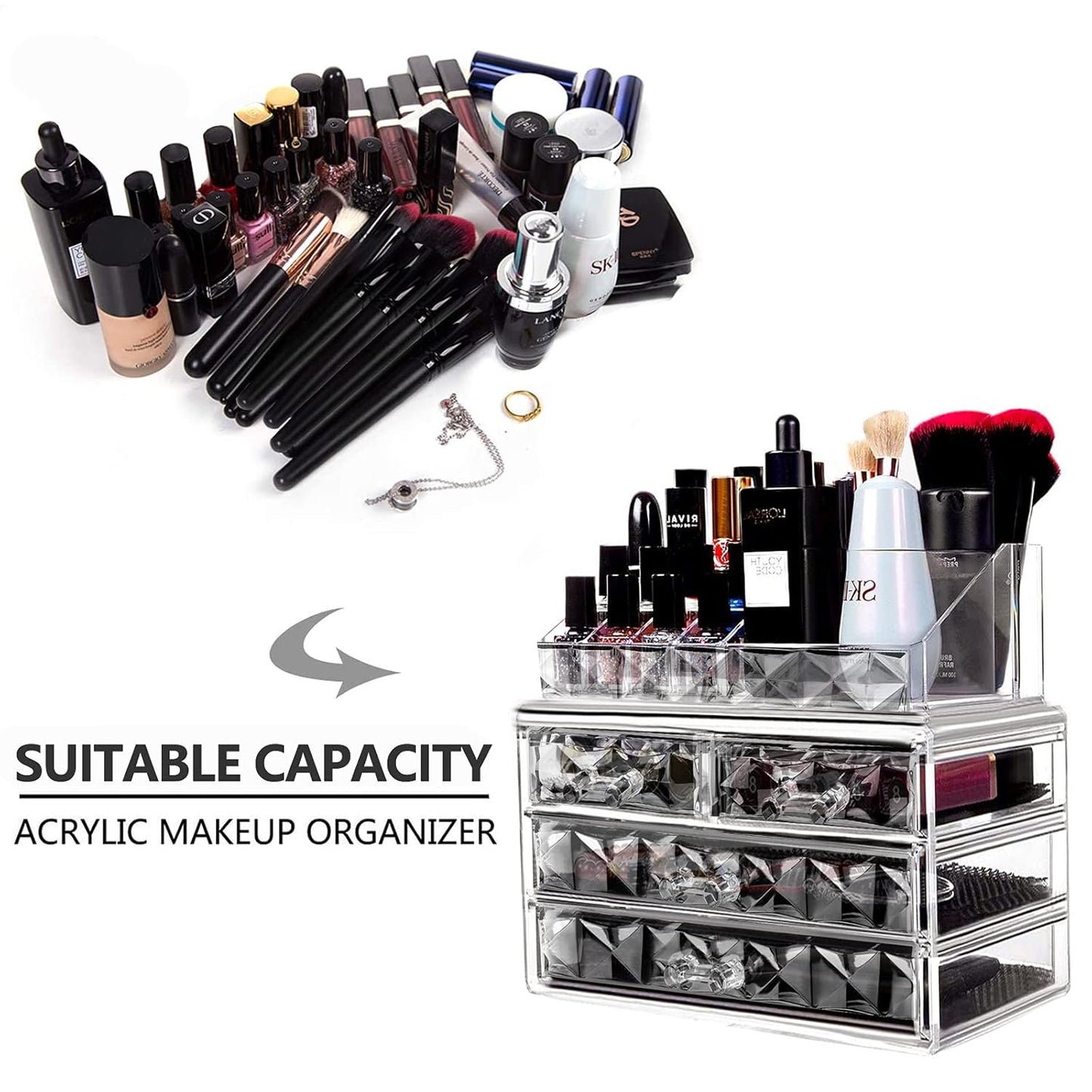 Acrylic Clear Dustproof Makeup Storage Organizer Drawers Large Skin Care Cosmetic Display Cases for Bathroom Stackable Storage Box with 4 Drawers for Vanity (Diamond Pattern Clear)