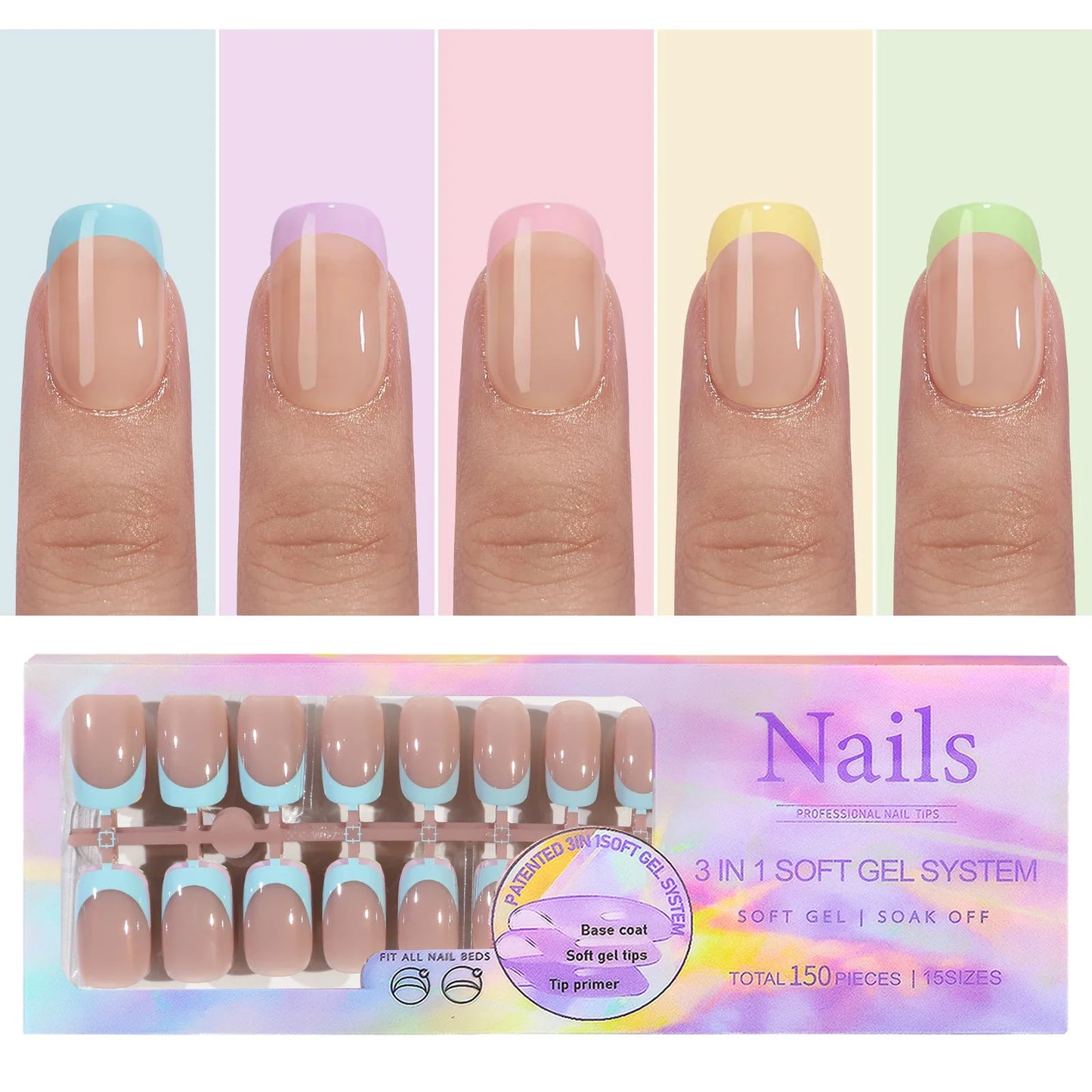 150Pcs 6 Colors Fake Nail Multi-Size False Nail Press on Acrylic Nails Almond French Wearing Armor Removable Convenient