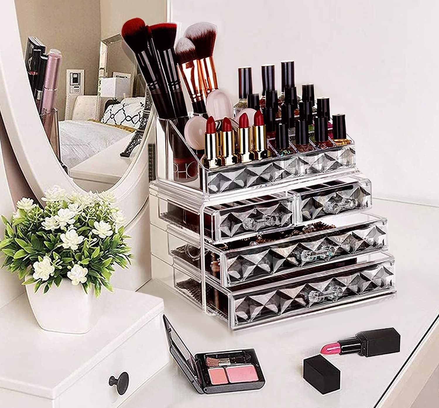 Acrylic Clear Dustproof Makeup Storage Organizer Drawers Large Skin Care Cosmetic Display Cases for Bathroom Stackable Storage Box with 4 Drawers for Vanity (Diamond Pattern Clear)