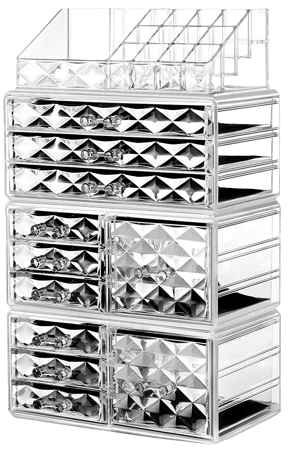 Acrylic Clear Dustproof Makeup Storage Organizer Drawers Large Skin Care Cosmetic Display Cases for Bathroom Stackable Storage Box with 11 Drawers for Vanity (Diamond Pattern Clear)