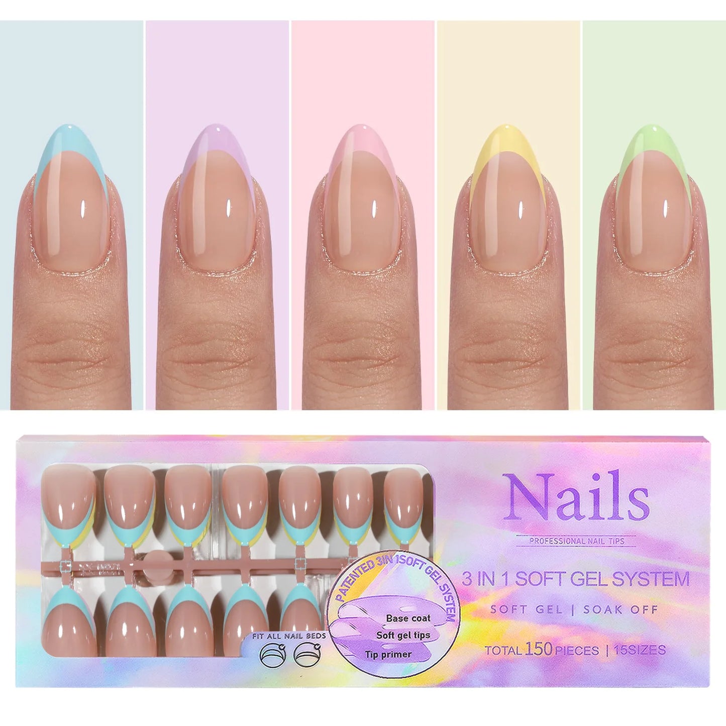 150Pcs 6 Colors Fake Nail Multi-Size False Nail Press on Acrylic Nails Almond French Wearing Armor Removable Convenient