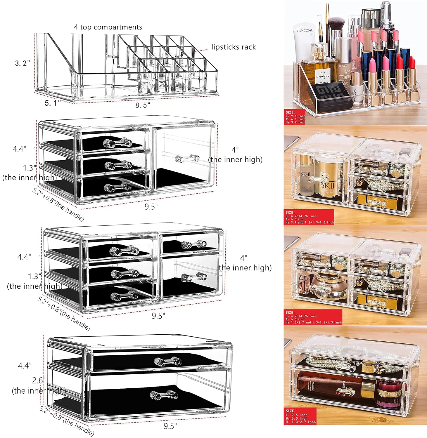 Clear Makeup Organizer Skin Care Cosmetic Display Cases Stackable Storage Box with 11 Drawers