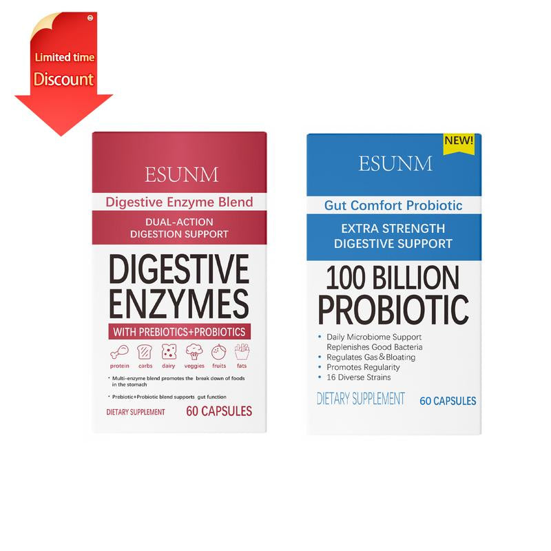 Digestive Enzymes 60Ct + 100B Probiotic 60Ct | Value Digestive Bundle by Esunm,With 16 Strains & Multi Enzymes,Organic Prebiotics & Probiotics,For Meal Time Discomfort Relief & Bloating,Optimum Dietary Fiber