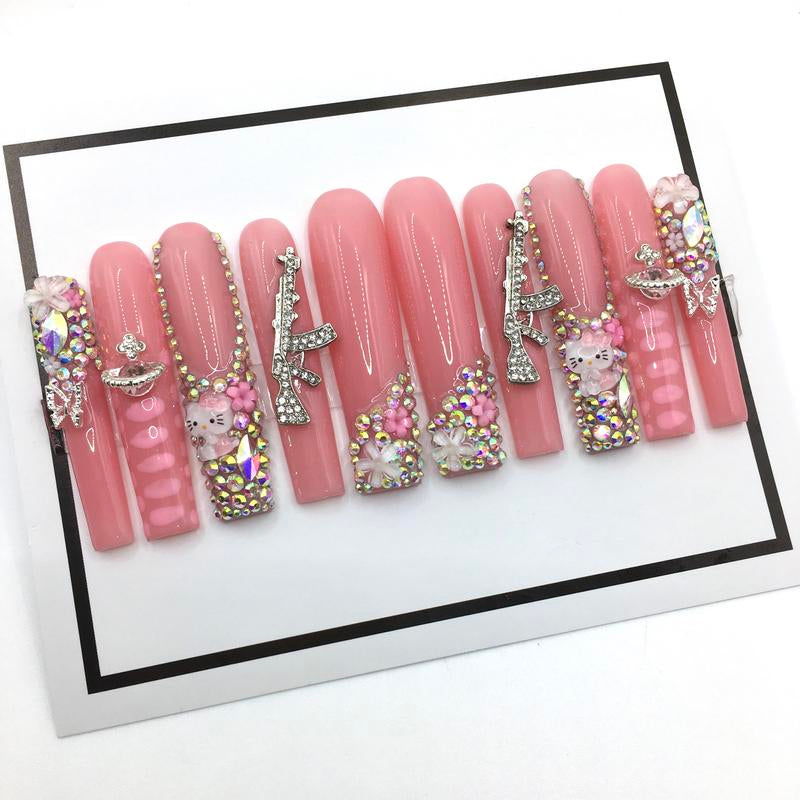 10 Pcs Handmade Press on Nails Square Long Fake Nails Acrylic