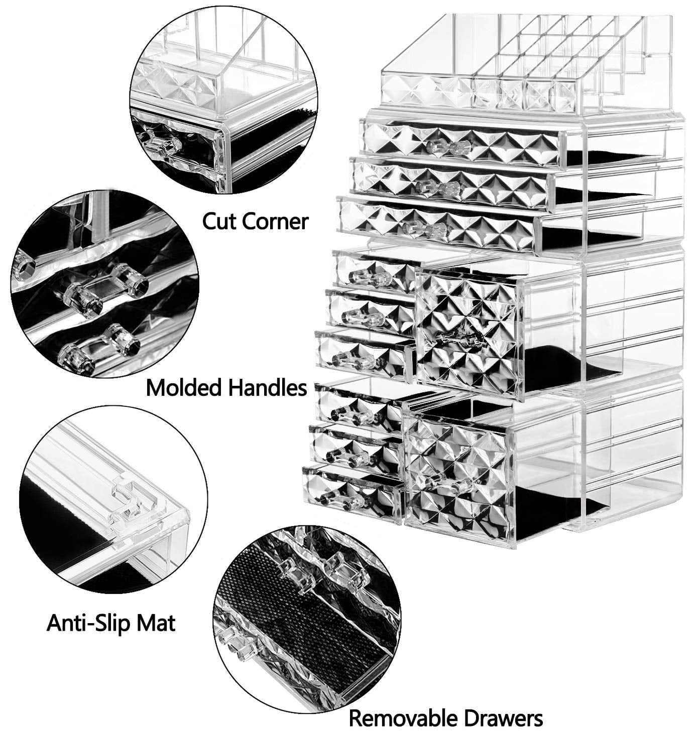 Acrylic Clear Dustproof Makeup Storage Organizer Drawers Large Skin Care Cosmetic Display Cases for Bathroom Stackable Storage Box with 11 Drawers for Vanity (Diamond Pattern Clear)