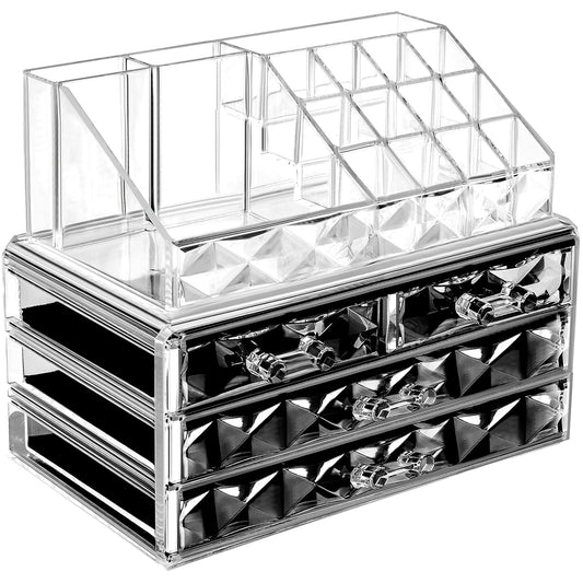 Acrylic Clear Dustproof Makeup Storage Organizer Drawers Large Skin Care Cosmetic Display Cases for Bathroom Stackable Storage Box with 4 Drawers for Vanity (Diamond Pattern Clear)