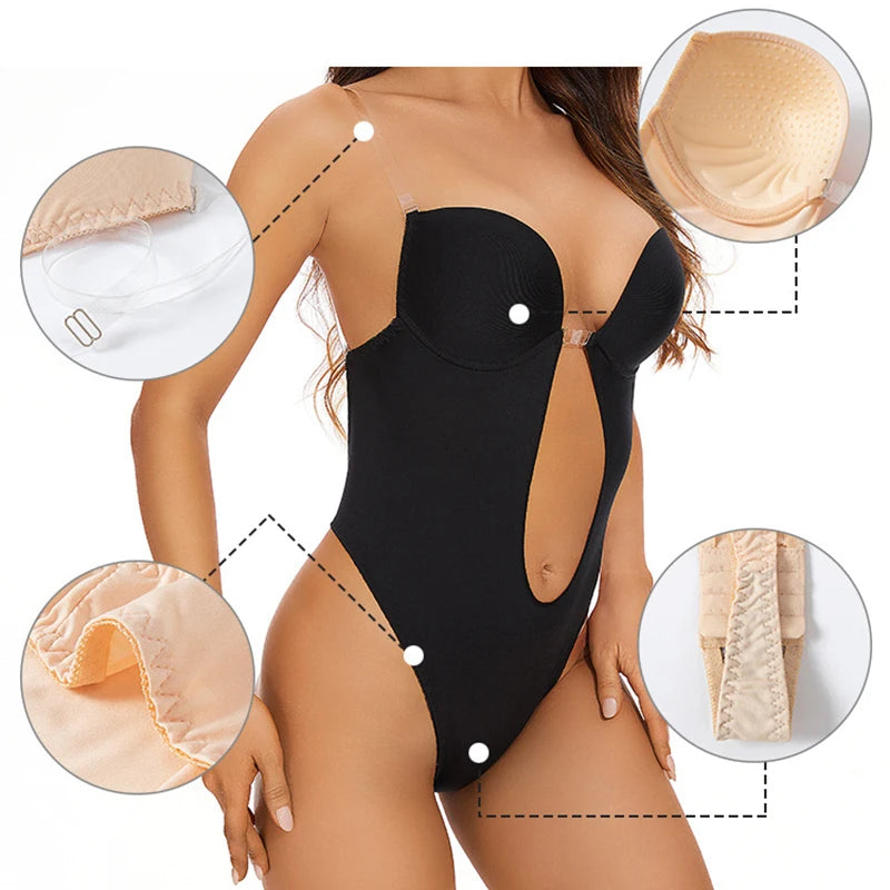 Invisible Shaper Bra Sexy Bodysuit Corset Backless Deep V-Neck U Plunge Thong Waist Trainer Clear Strap Padded Push up Shapewear