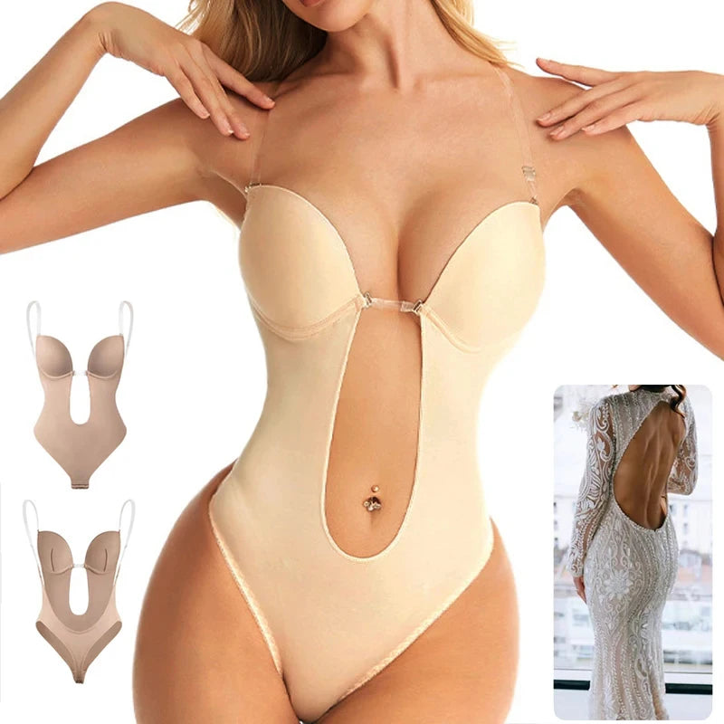 Invisible Shaper Bra Sexy Bodysuit Corset Backless Deep V-Neck U Plunge Thong Waist Trainer Clear Strap Padded Push up Shapewear