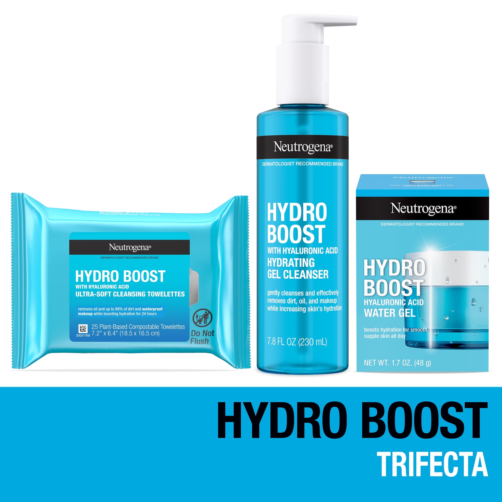 Hydro Boost Trifecta: Water Gel Facial Moisturizer, Gel Cleanser, & Makeup Remover Wipes, Set