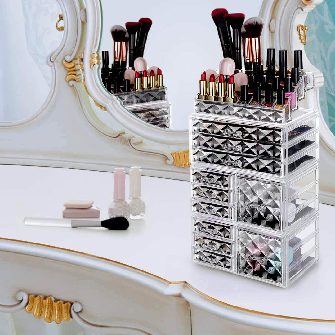 Acrylic Clear Dustproof Makeup Storage Organizer Drawers Large Skin Care Cosmetic Display Cases for Bathroom Stackable Storage Box with 11 Drawers for Vanity (Diamond Pattern Clear)