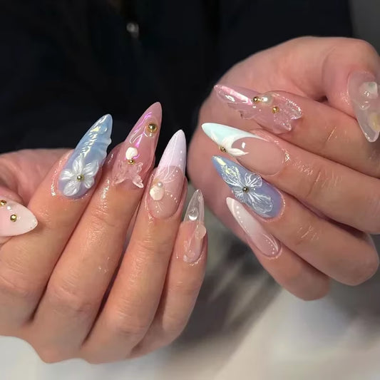 Press on Acrylic Nails Almond Full Cover Fake Nail with 3D Yellow Peach Floral False Nails with Glue Detachable Stick on Nails