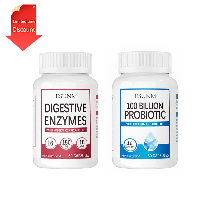 Digestive Enzymes 60Ct + 100B Probiotic 60Ct | Value Digestive Bundle by Esunm,With 16 Strains & Multi Enzymes,Organic Prebiotics & Probiotics,For Meal Time Discomfort Relief & Bloating,Optimum Dietary Fiber