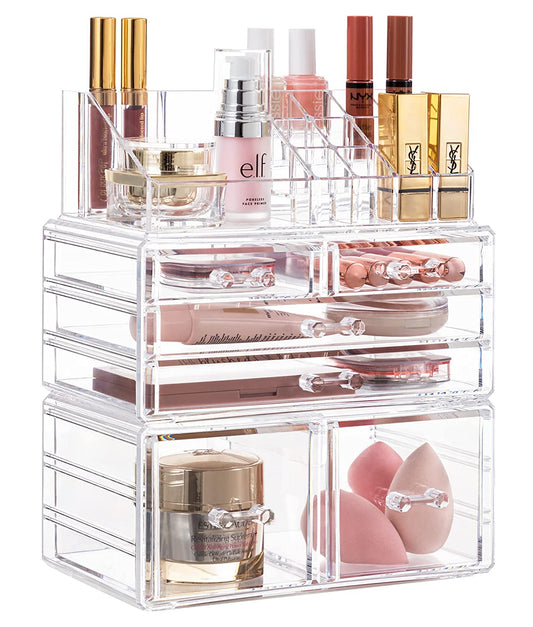 Acrylic Clear Dustproof Makeup Storage Organizer Drawers Large Skin Care Cosmetic Display Cases for Bathroom Stackable Storage Box with 6 Drawers for Vanity (Clear)