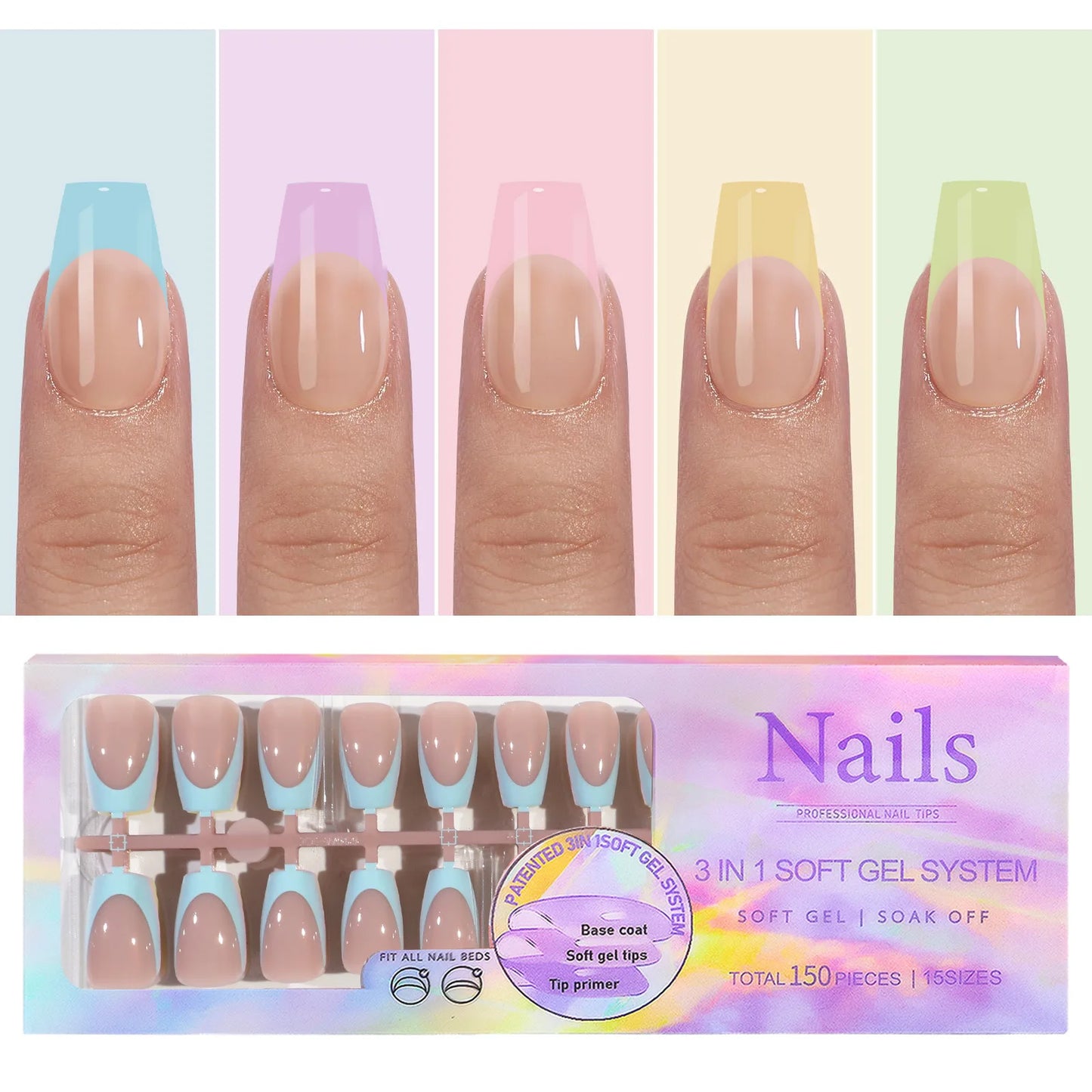 150Pcs 6 Colors Fake Nail Multi-Size False Nail Press on Acrylic Nails Almond French Wearing Armor Removable Convenient