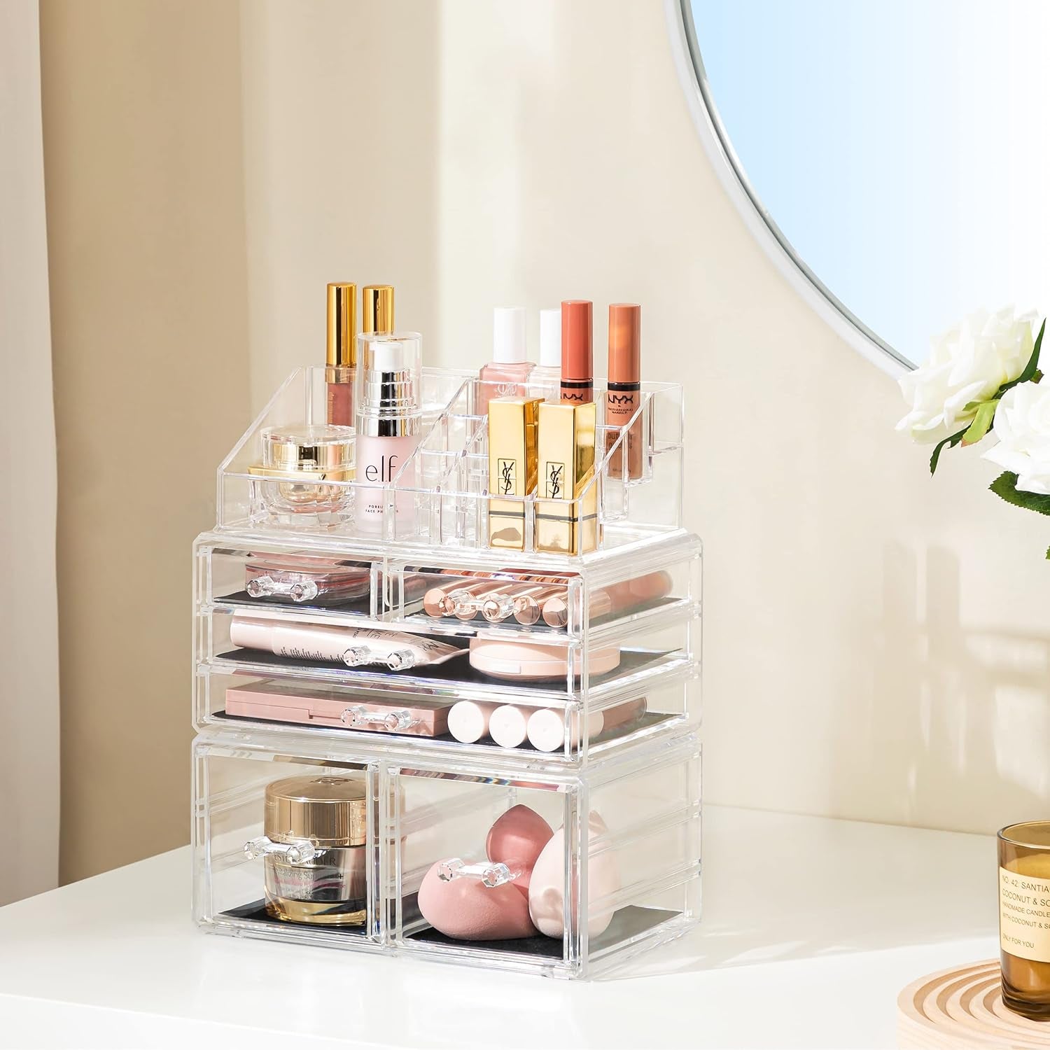 Acrylic Clear Dustproof Makeup Storage Organizer Drawers Large Skin Care Cosmetic Display Cases for Bathroom Stackable Storage Box with 6 Drawers for Vanity (Clear)