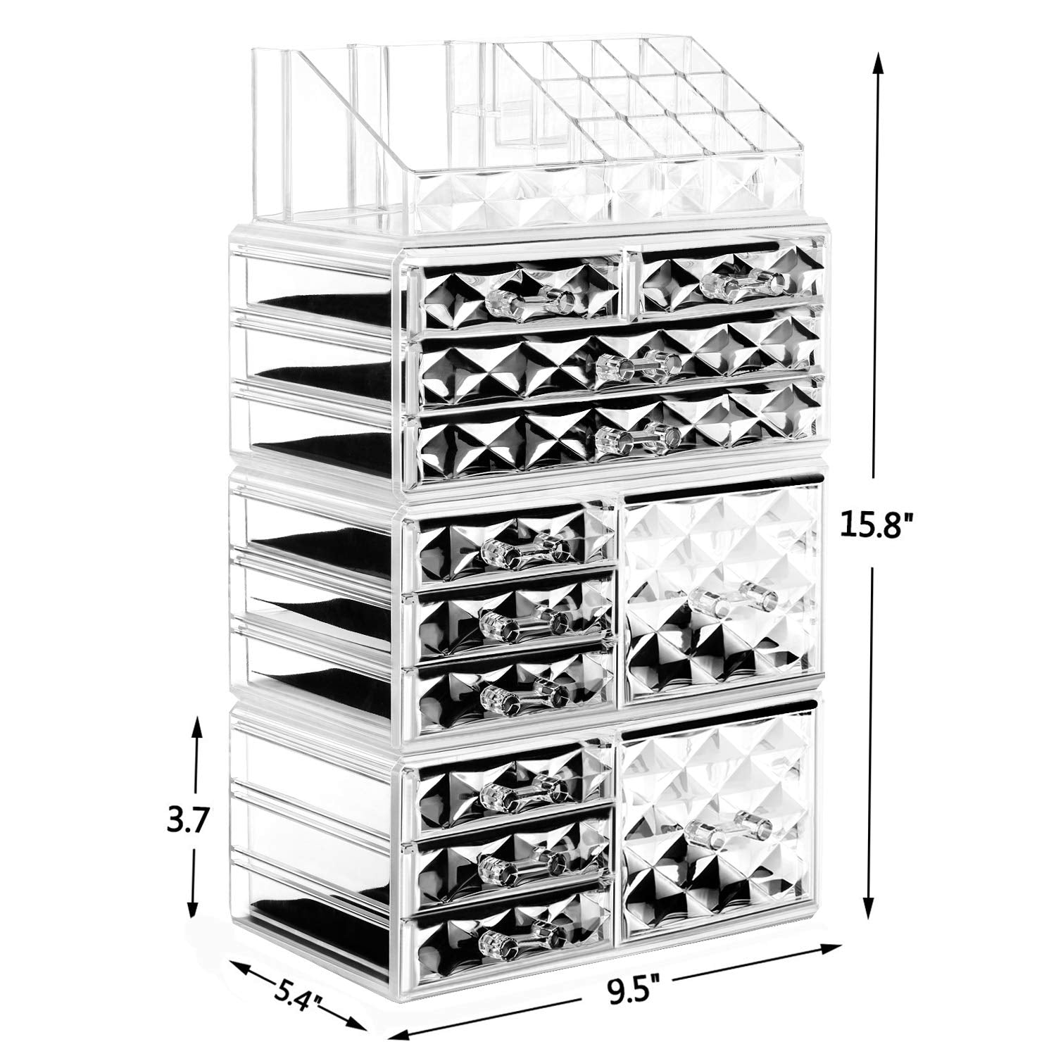 Acrylic Clear Dustproof Makeup Storage Organizer Drawers Large Skin Care Cosmetic Display Cases for Bathroom Stackable Storage Box with 11 Drawers for Vanity (Diamond Pattern Clear)