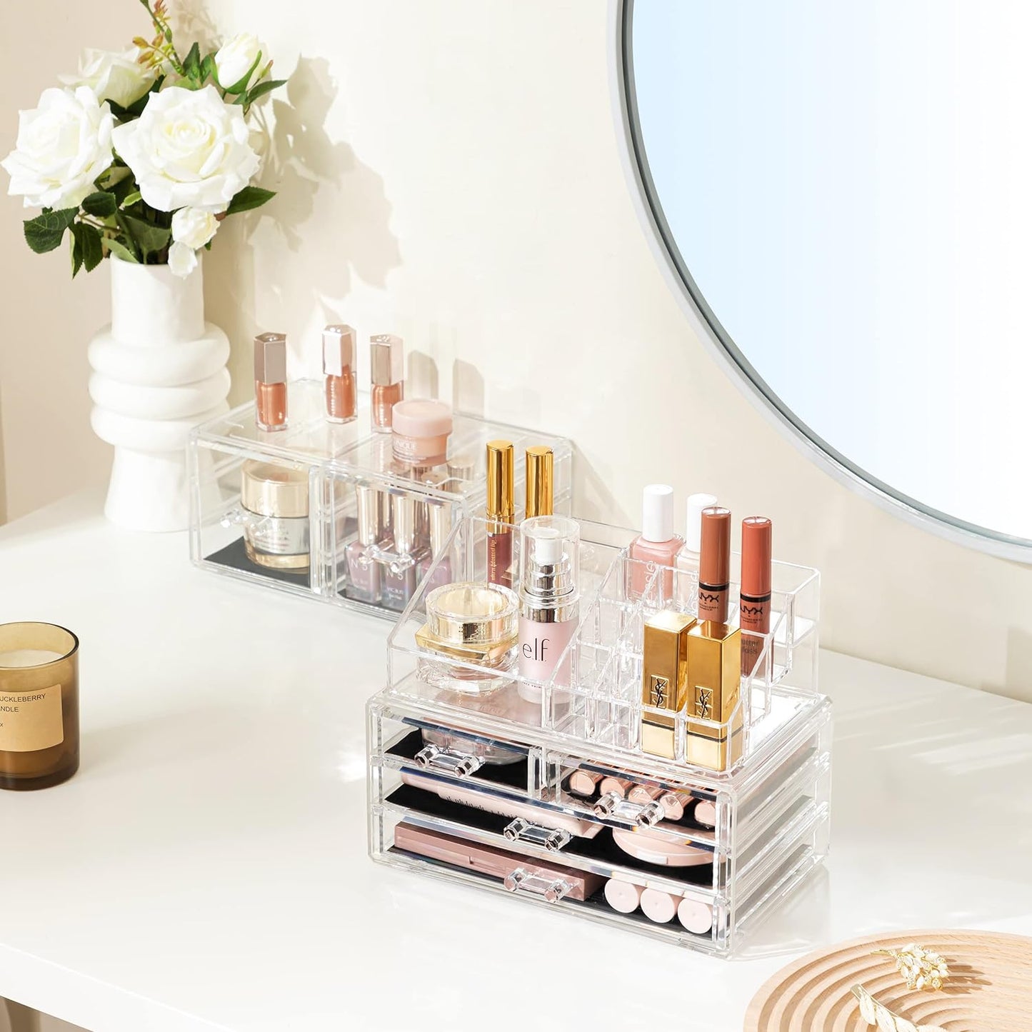 Acrylic Clear Dustproof Makeup Storage Organizer Drawers Large Skin Care Cosmetic Display Cases for Bathroom Stackable Storage Box with 6 Drawers for Vanity (Clear)