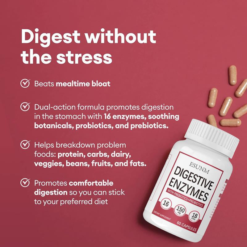 Digestive Enzymes 60Ct + 100B Probiotic 60Ct | Value Digestive Bundle by Esunm,With 16 Strains & Multi Enzymes,Organic Prebiotics & Probiotics,For Meal Time Discomfort Relief & Bloating,Optimum Dietary Fiber