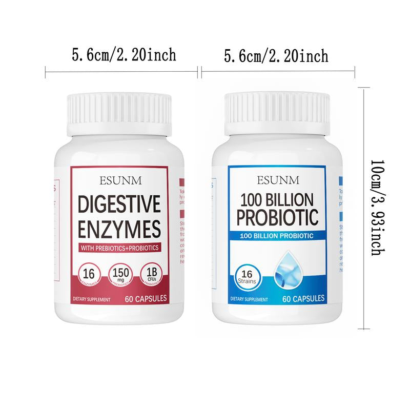 Digestive Enzymes 60Ct + 100B Probiotic 60Ct | Value Digestive Bundle by Esunm,With 16 Strains & Multi Enzymes,Organic Prebiotics & Probiotics,For Meal Time Discomfort Relief & Bloating,Optimum Dietary Fiber