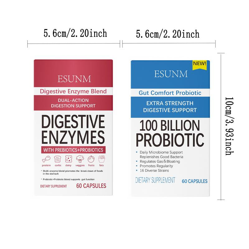 Digestive Enzymes 60Ct + 100B Probiotic 60Ct | Value Digestive Bundle by Esunm,With 16 Strains & Multi Enzymes,Organic Prebiotics & Probiotics,For Meal Time Discomfort Relief & Bloating,Optimum Dietary Fiber